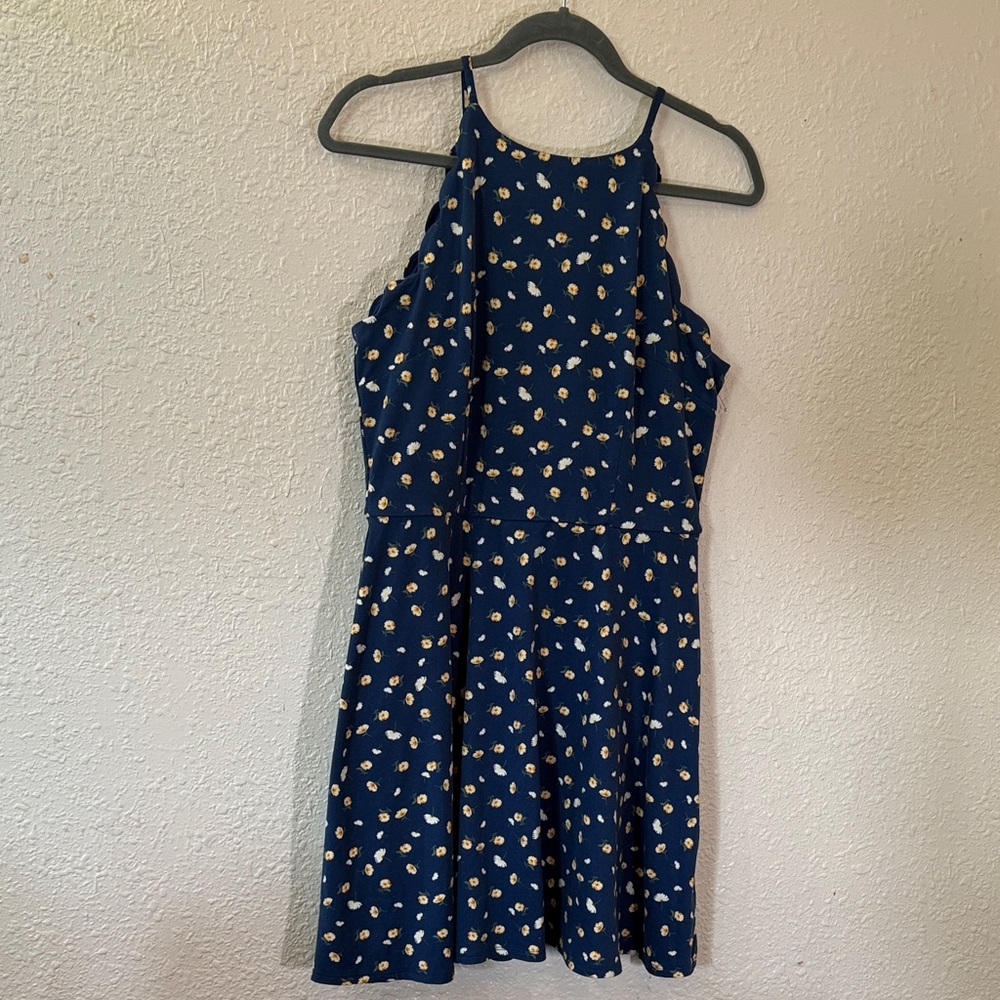 Navy Halter Mini Dress with Cream Floral Print
